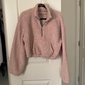 Tan Shurpa fuzzy cropped quarter zip